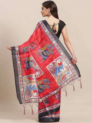 Red printed art silk saree with blouse 2