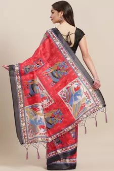 Red printed art silk saree with blouse