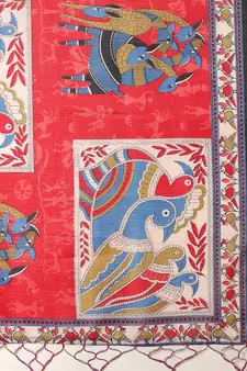 Red printed art silk saree with blouse