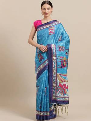 Blue printed art silk saree with blouse 1