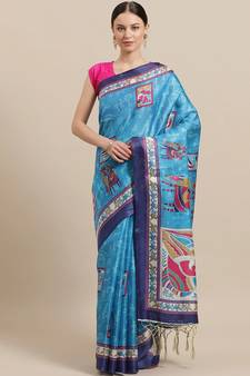 Blue printed art silk saree with blouse