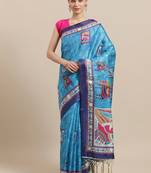 Blue printed art silk saree with blouse