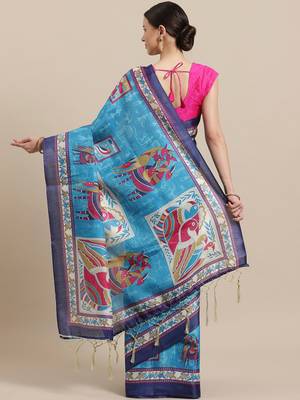 Blue printed art silk saree with blouse 2