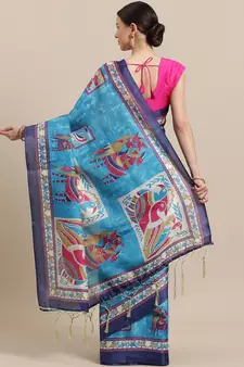 Blue printed art silk saree with blouse