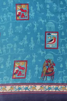 Blue printed art silk saree with blouse