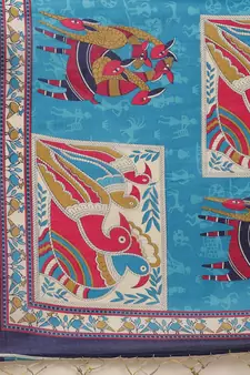 Blue printed art silk saree with blouse