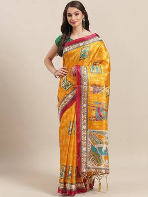 Yellow printed art silk saree with blouse 1
