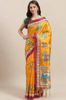 Yellow printed art silk saree with blouse