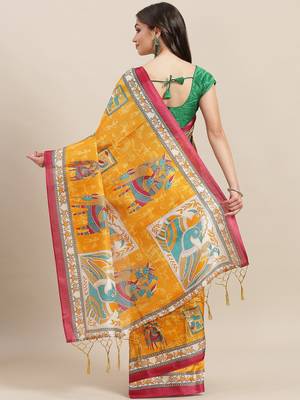 Yellow printed art silk saree with blouse 2