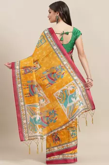 Yellow printed art silk saree with blouse