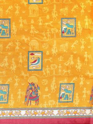 Yellow printed art silk saree with blouse 3