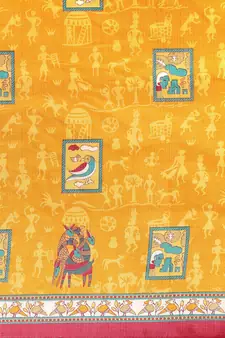 Yellow printed art silk saree with blouse