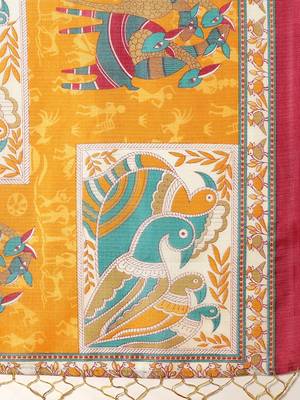 Yellow printed art silk saree with blouse 4