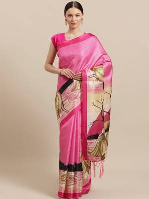 Pink printed art silk saree with blouse 1