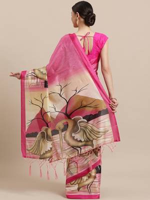 Pink printed art silk saree with blouse 2