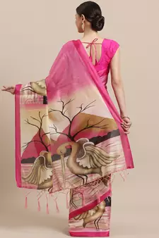 Pink printed art silk saree with blouse