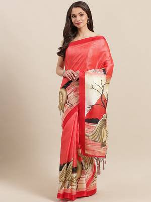 Beige printed art silk saree with blouse 1