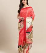 Beige printed art silk saree with blouse