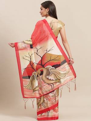 Beige printed art silk saree with blouse 2