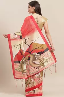 Beige printed art silk saree with blouse