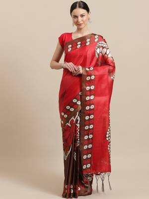Red printed art silk saree with blouse 1