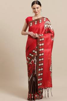 Red printed art silk saree with blouse
