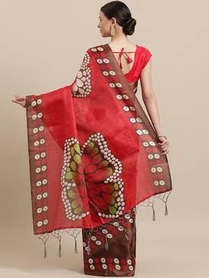 Red printed art silk saree with blouse 2