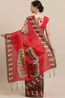 Red printed art silk saree with blouse