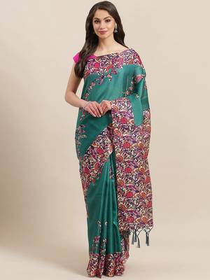 Green printed art silk saree with blouse 1