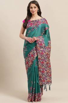 Green printed art silk saree with blouse