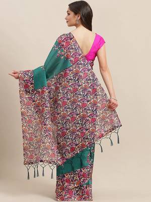 Green printed art silk saree with blouse 2
