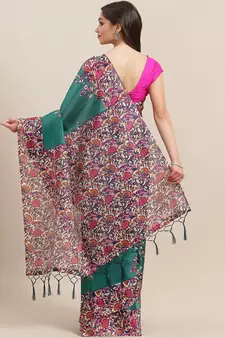 Green printed art silk saree with blouse