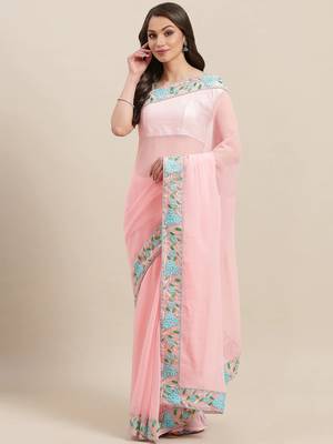 Pink embroidered georgette saree with blouse 1
