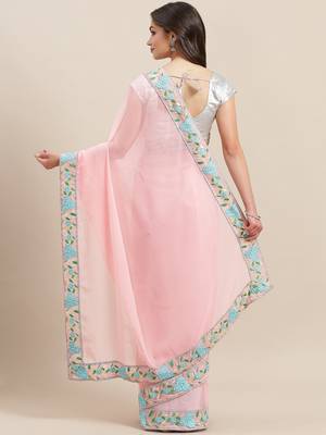 Pink embroidered georgette saree with blouse 2