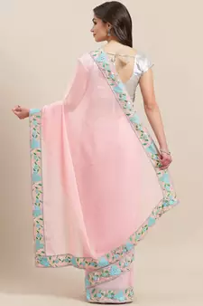 Pink embroidered georgette saree with blouse