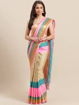 Beige woven blended cotton saree with blouse 1