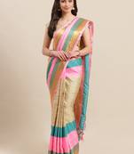Beige woven blended cotton saree with blouse