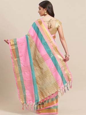 Beige woven blended cotton saree with blouse 2