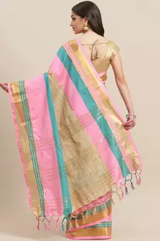Beige woven blended cotton saree with blouse