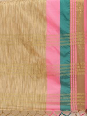 Beige woven blended cotton saree with blouse 4