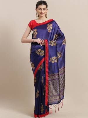 Blue printed art silk saree with blouse 1