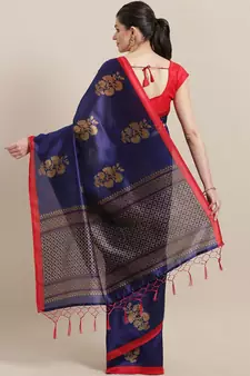 Blue printed art silk saree with blouse