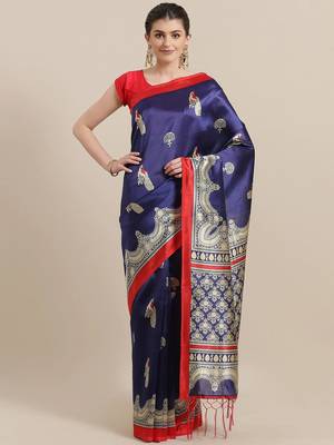 Blue printed art silk saree with blouse 1