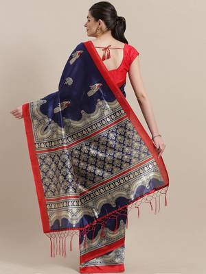 Blue printed art silk saree with blouse 2