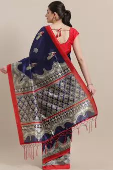 Blue printed art silk saree with blouse