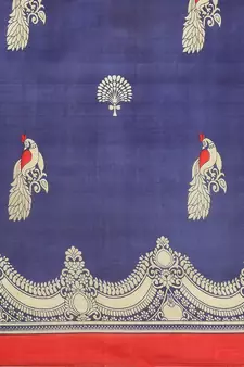Blue printed art silk saree with blouse