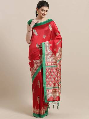 Red printed art silk saree with blouse 1