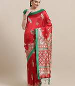 Red printed art silk saree with blouse