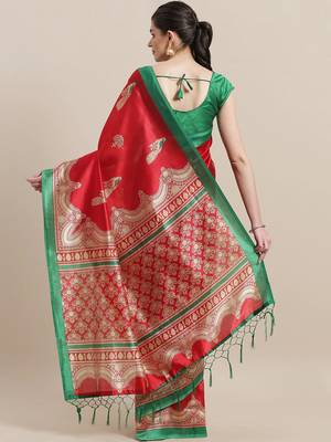 Red printed art silk saree with blouse 2