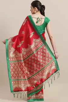 Red printed art silk saree with blouse
